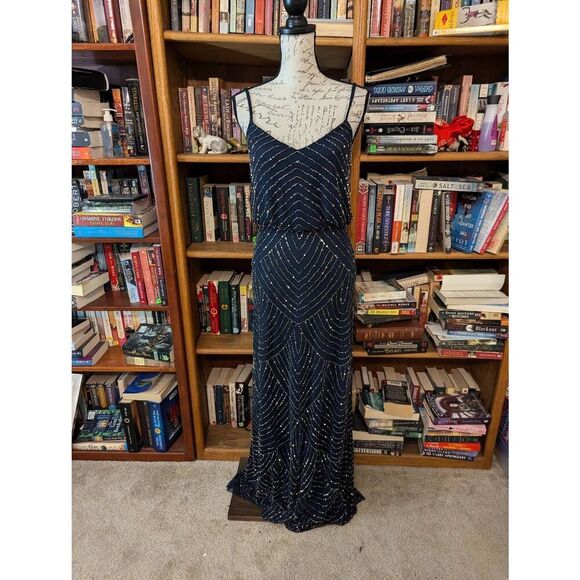 Adrianna Papell Silver Navy Beaded Chiffon Blouson Maxi Dress Gown size 4 - Picture 1 of 6